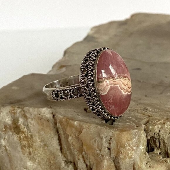 Sterling Silver 925 MNSN Oval Bezel Set Pink Rhodochrosite Cabochon Ring Sz 6.5 - Picture 1 of 16